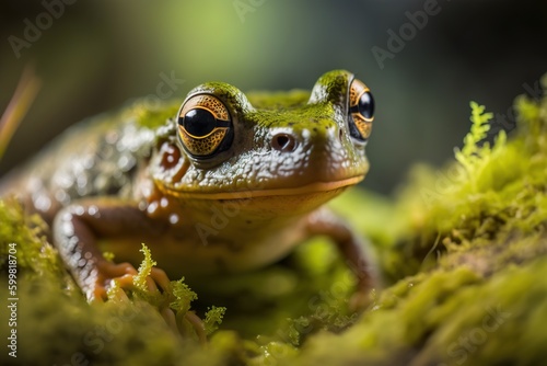 Frog (Hylarana picturata) sitting in a mossy closeup. Generative AI photo