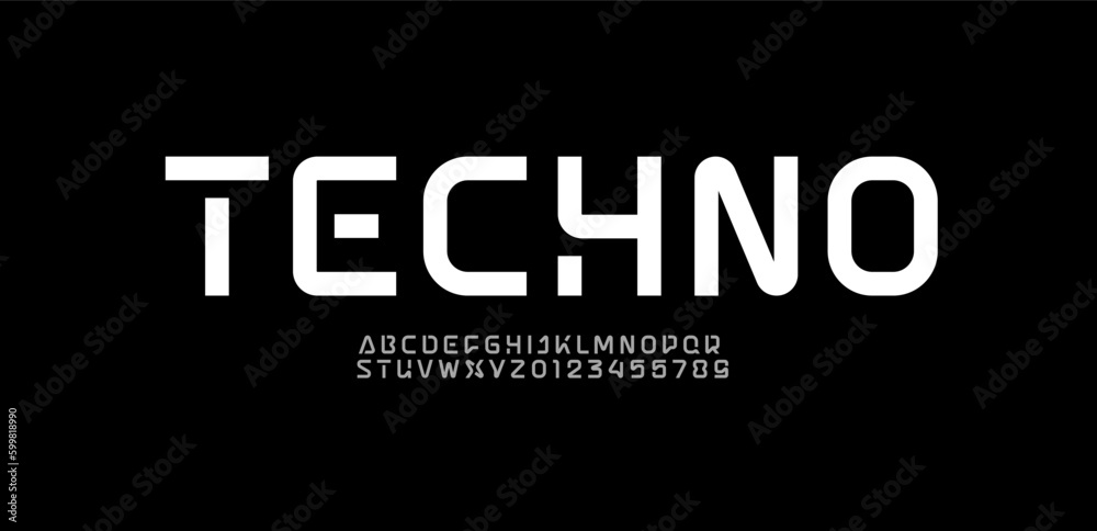 Tech font, digital alphabet, trendy Latin letters from A to Z and Arab numbers from 0 to 9 for you ui ux designs, vector illustration 10EPS