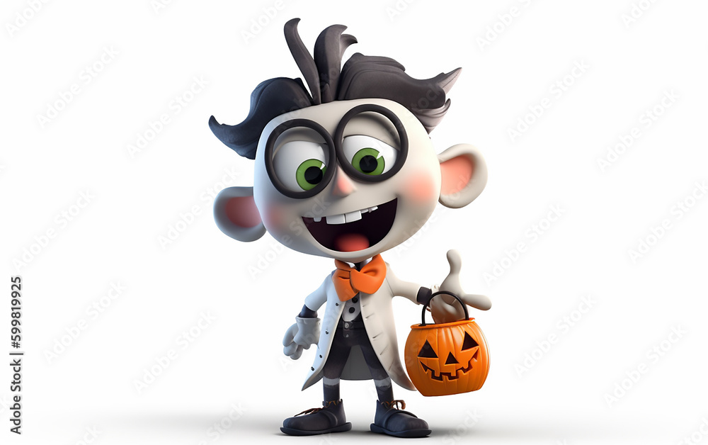 Naklejka premium Animated quirky character with wild hair, wearing a lab coat, showcasing a joyful expression and carrying a Halloween pumpkin bucket, ready for festive fun.