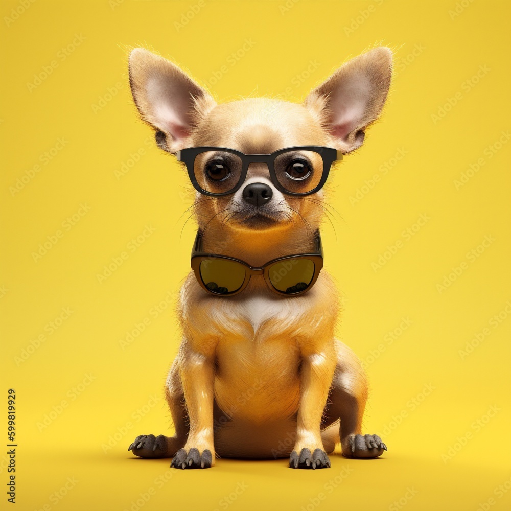 dog pet yellow portrait puppy smart background animal cute chihuahua glasses. Generative AI.