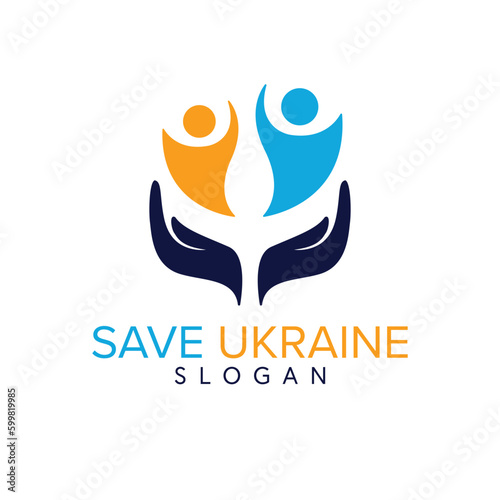 Save Ukraine vector graphic design. Hands and people in blue and yellow colors clip-art.