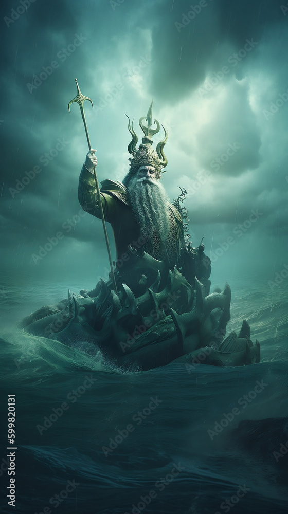 The concept of the symbolism of the planets in Astrology. Old man with a staff in the sea waves as the king of the underwater kingdom, a symbol of the planet Neptune The concept of the symbolism of the planets in Astrology. Old man with a staff in the sea waves as the king of the underwater kingdom, a symbol of the planet Neptune