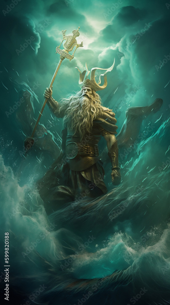 The concept of the symbolism of the planets in Astrology. Old man with a staff in the sea waves as the king of the underwater kingdom, a symbol of the planet Neptune - obrazy, fototapety, plakaty 