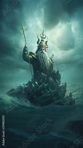 The concept of the symbolism of the planets in Astrology. Old man with a staff in the sea waves as the king of the underwater kingdom, a symbol of the planet Neptune