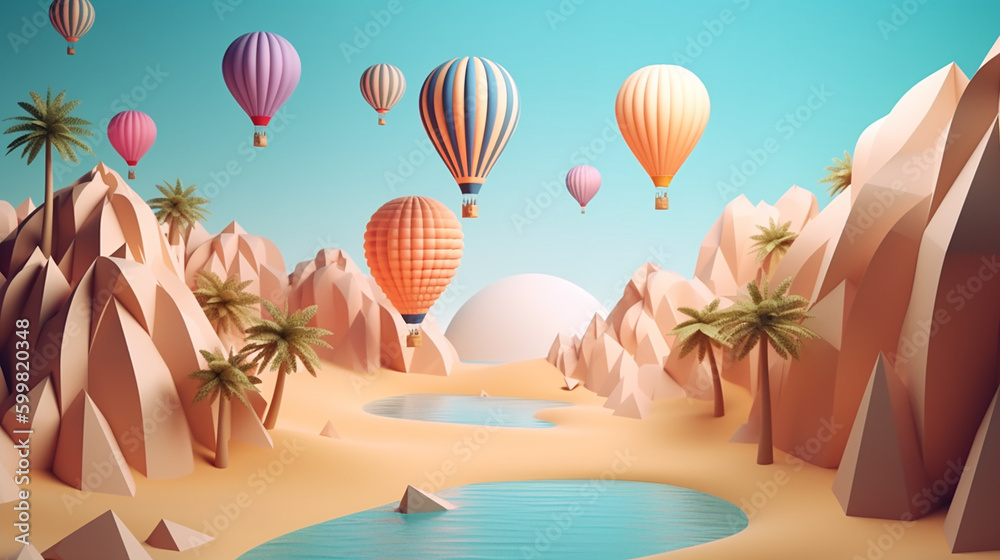 Papercut Style Beach Scene with Palm Trees, Surfboard, and Hot Air Balloon With Generative AI