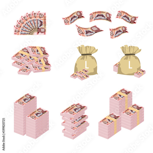 Honduran Lempira Vector Illustration. Huge packs of Honduras money set bundle banknotes. Bundle with cash bills. Deposit, wealth, accumulation and inheritance. Falling money 10 HNL