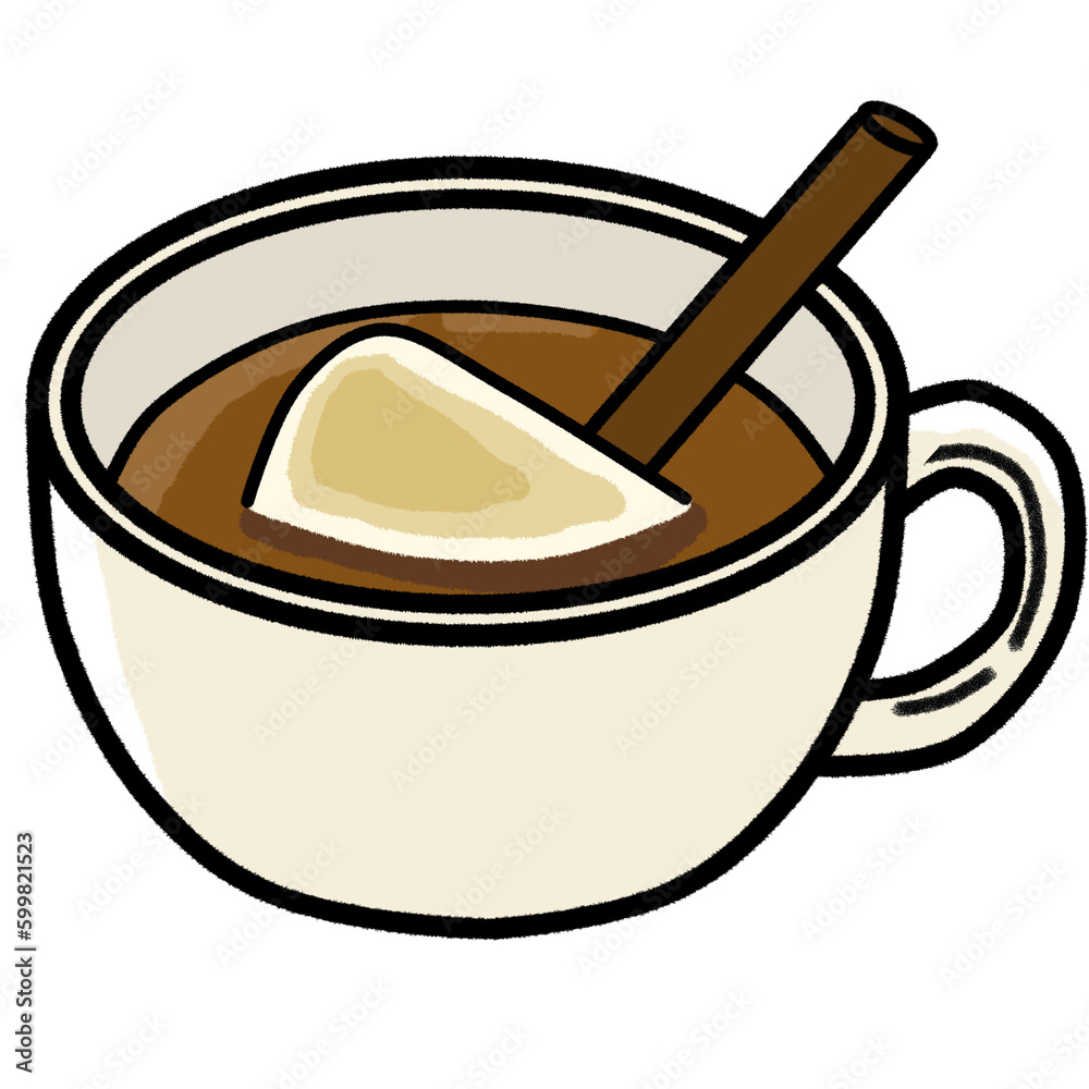Isolated hot cinnamon chocolate with cinnamon stick and burnt white marshmallows in cream ceramic mug, a cup of hot cocoa, winter dessert beverage, flat, outline color vector, cartoon Isolated hot cinnamon chocolate with cinnamon stick and burnt white marshmallows in cream ceramic mug, a cup of hot cocoa, winter dessert beverage, flat, outline color vector, cartoon