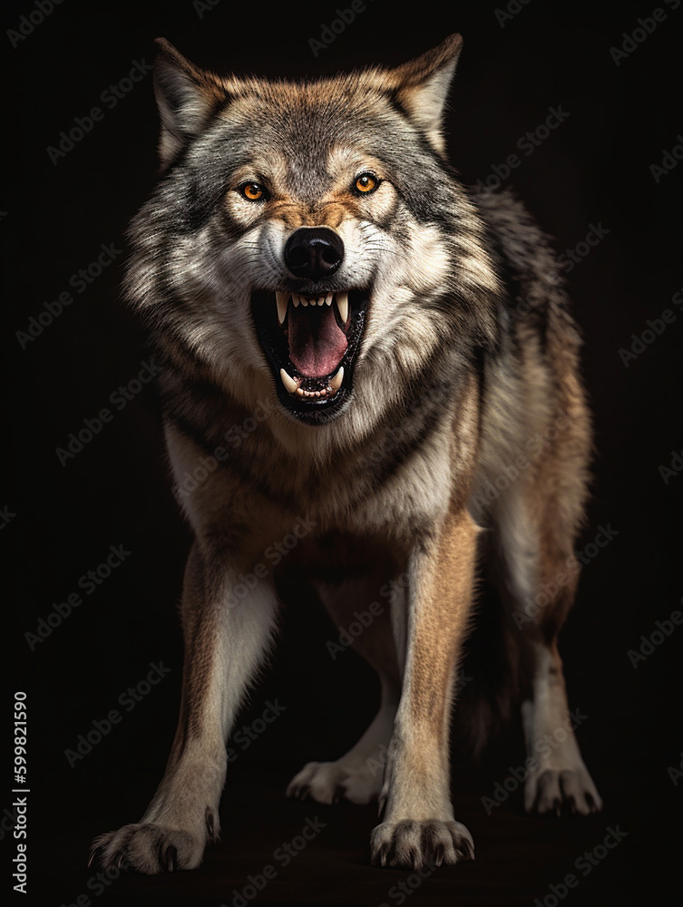 Growling grey wolf on a black background, ai generative