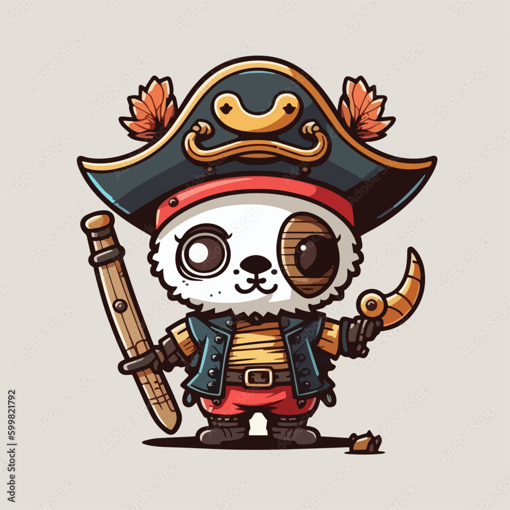 Mascot for a pirate themed panda, a fearsome looking panda, captain panda, with a flat cartoon design
