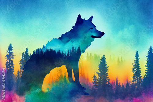 Wolf watercolor double exposure background. generative ai. Abstract colorful wolf background