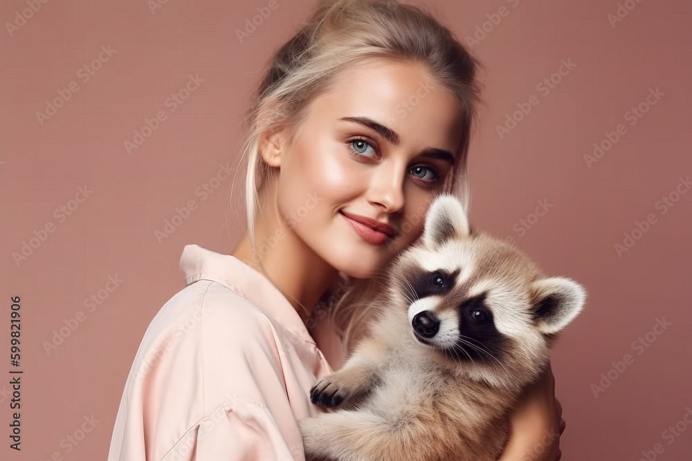 young attractive woman hugging racoon in hands, color trendy background. Generative AI young attractive woman hugging racoon in hands, color trendy background. Generative AI