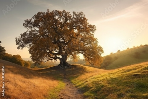 Landscape oak tree sunset. Generate Ai