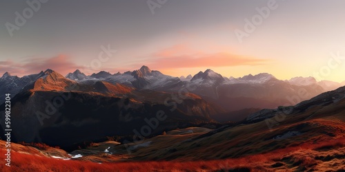 AI Generated. AI Generative. Photo realistic illustration of alpen landscape background mountaines hike rocks. Adventure hiking travel explore vibe. Graphic Art