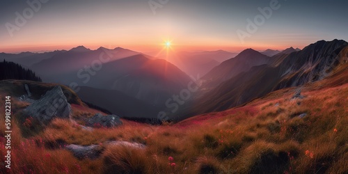 AI Generated. AI Generative. Photo realistic illustration of alpen landscape background mountaines hike rocks. Adventure hiking travel explore vibe. Graphic Art