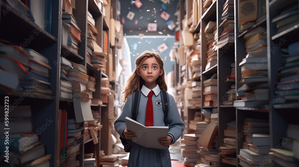 A schoolgirl in a gray uniform with a red tie standing in the library hallway, carrying a books and looking surrounded by rack of books. Generative Ai
