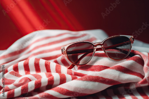 Close-up of a pair of sunglasses on a red and white striped fabric background - Generative AI