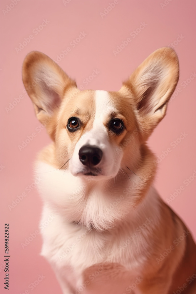Portrait of a Corgi dog. Dog sits on a light pink background and looks at the camera. Generative AI