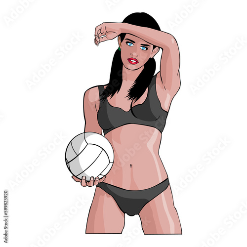 Jugadora de voleibol de playa. Ilustración aislada de chica de pie con bikini y pelota photo