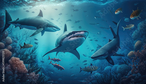 Sharks underwater in ocean against bright light, generated ai background © stock_santa