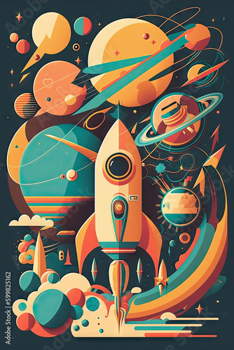 Retro space odyssey poster, space, astronaut, planets and universe generative ai art print