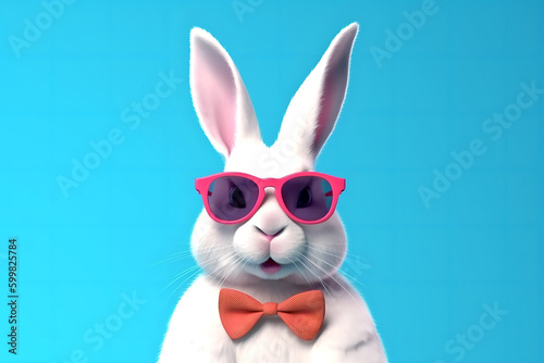 Cute White Rabbit wearing trendy sunglasses, Colourful Blue Background, Cartoon Style, AI-Generated Image