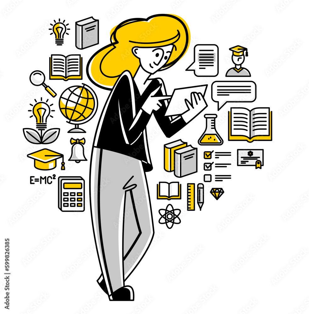 Online education in university or collage, student is doing homework or preparing for remote exam, vector outline illustration, distance study sciences and graduate. Online education in university or collage, student is doing homework or preparing for remote exam, vector outline illustration, distance study sciences and graduate.