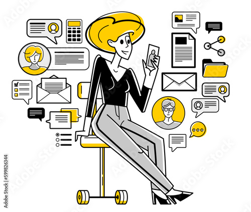 Phone working online person doing some job vector outline illustration, smartphone remote virtual working freelancer or a part of coworking team.