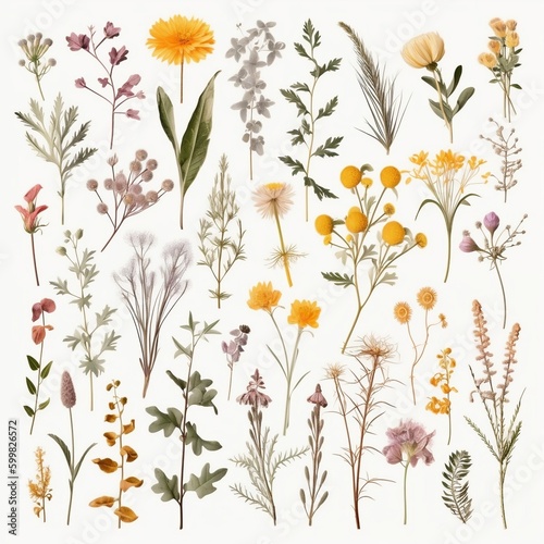 Decorative Design Elements for Gardening, Weddings, or Herbarium Isolated on Transparent Background. Generative AI