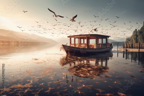 Beautiful wooden boat on the sea with birds in sunset photo