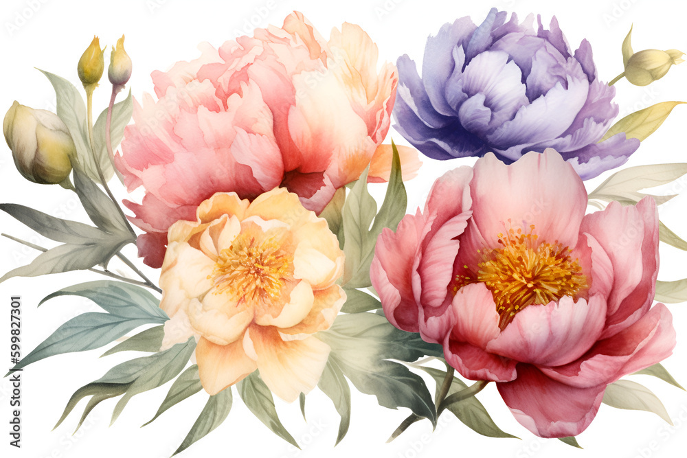 Watercolor realistic picture of a colorful peony flower. Floral vintage arrangement. Botanical illustration for greeting cards, bouquets, wreaths, wedding invitations and summer backgrounds.