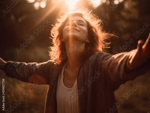 Woman happy breathing at sunlighht , with hands to the side, view from the back. generative Ai. photo