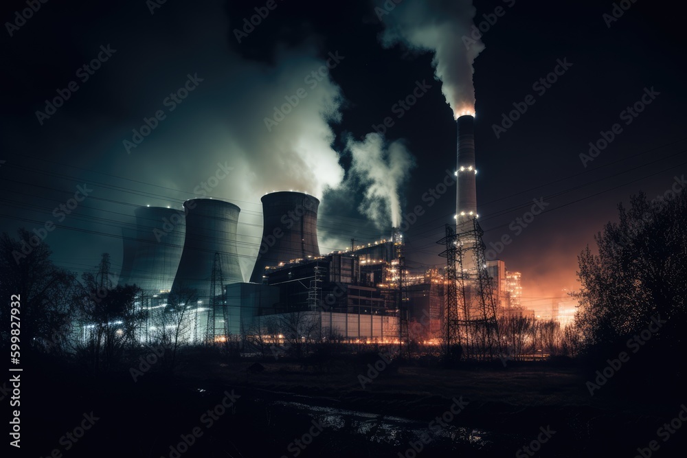 Coal-fired power plant at night. Generative AI