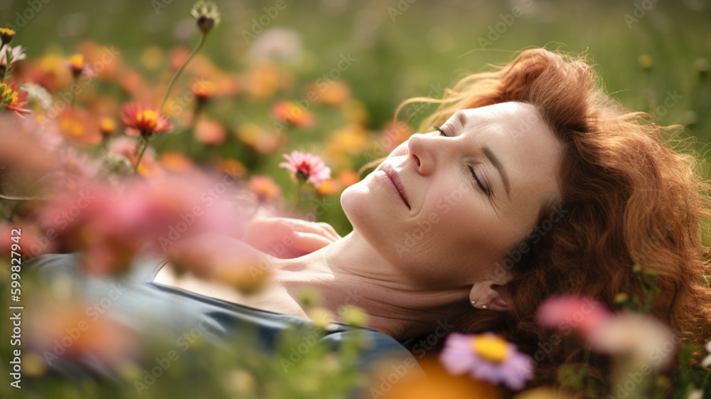 Fototapeta premium Creative portrait of a beautiful middle age woman. Concept of a mindfulness, woman health and anti-aging created with generative ai tools