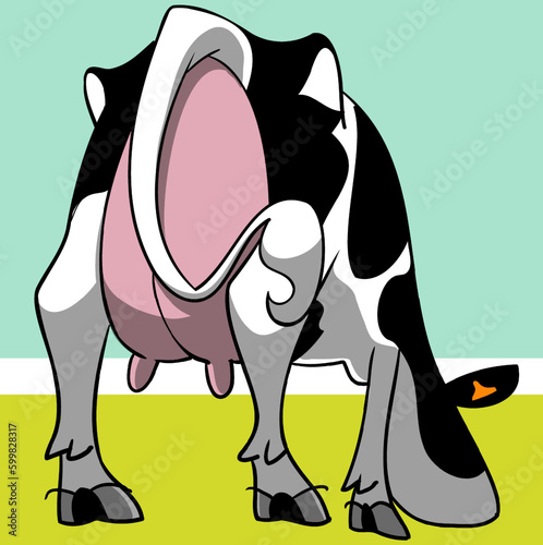 Holstein dairy cow grazing on back view with a great udder