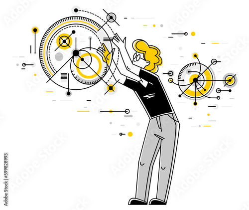 Mechanic engineer working on a draft plan vector illustration, inventor or repair job, engineering machine industry, system technician.