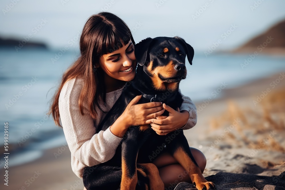 Woman enjoying a summer day at the beach with her rottweiler. Generative AI Woman enjoying a summer day at the beach with her rottweiler. Generative AI