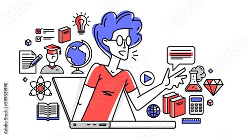 Online education in university or collage, student is doing homework or preparing for remote exam, vector outline illustration, distance study sciences and graduate.