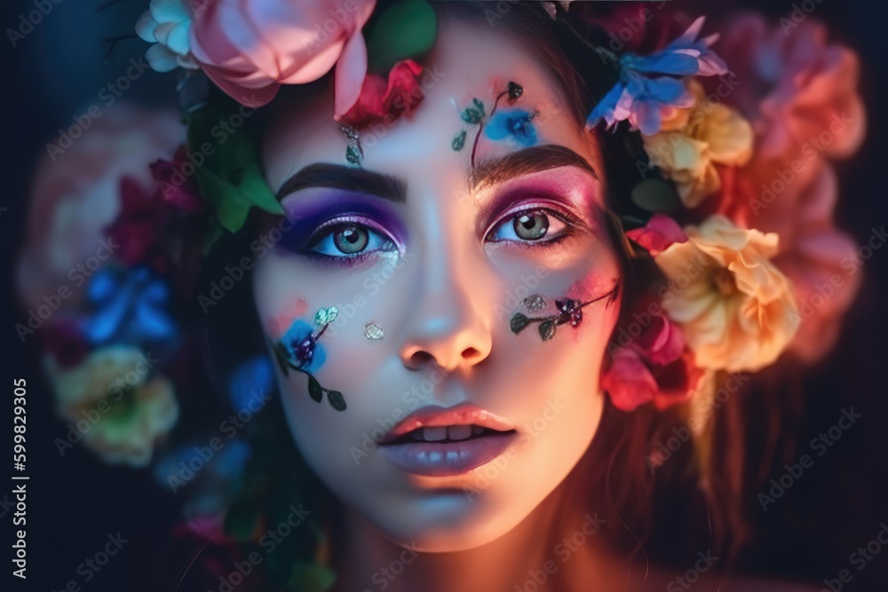 Obraz premium Sensual woman with body art and colored eyes and lips, butterflies and flowers. Generative AI