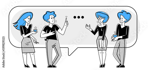 Team of young people having a discussion about solving some problems in work, brainstorm about new creative ideas, vector outline illustration.