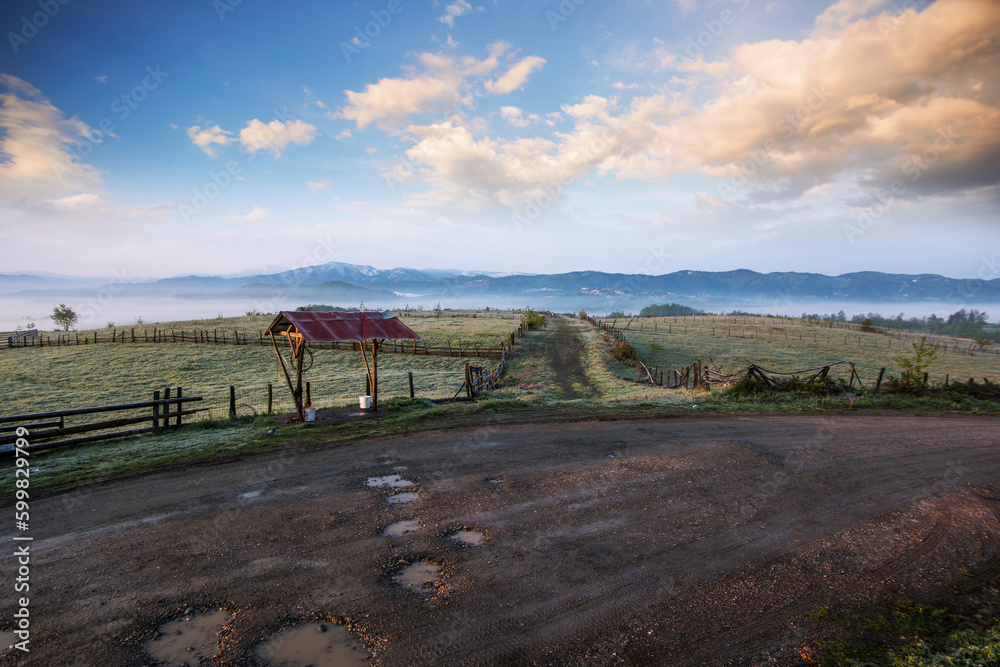 Obraz premium autumn scenery,morning foggy landscape in northeastern Bosnia