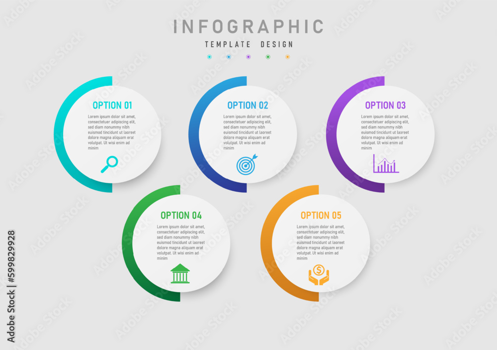 business infographic template half circle gradient Multi color with clean white buttons, 5 options, planning, work, top lettering and bottom icons design for product, marketing, project.