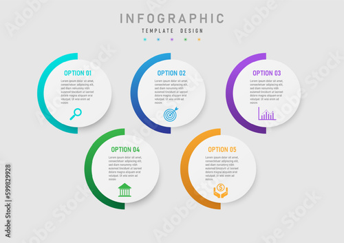 business infographic template half circle gradient Multi color with clean white buttons, 5 options, planning, work, top lettering and bottom icons design for product, marketing, project.