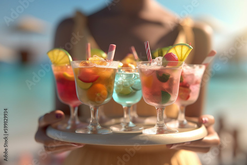 Waitress delivering cocktail drinks on the beach during summer