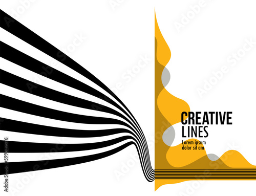 3D black and yellow lines in perspective abstract vector background, linear perspective illustration op art.