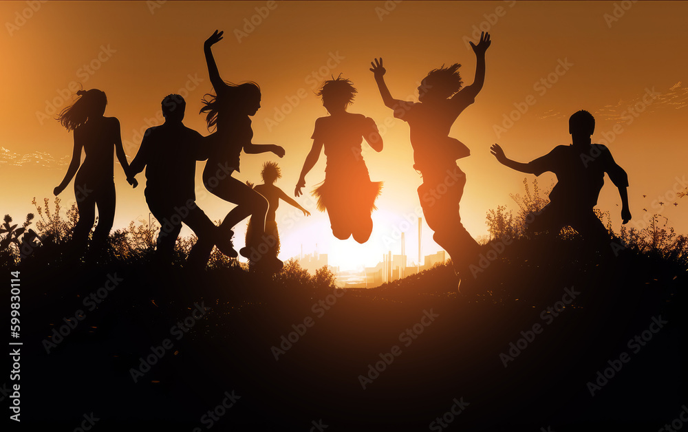 A group of successful young people hold hands at sunset, together they raise their upper hand. Successful team and team building concept. Generative ai A group of successful young people hold hands at sunset, together they raise their upper hand. Successful team and team building concept. Generative ai