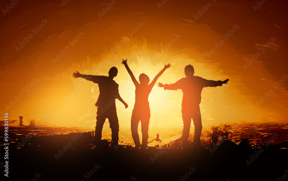 A group of successful young people hold hands at sunset, together they raise their upper hand. Successful team and team building concept. Generative ai