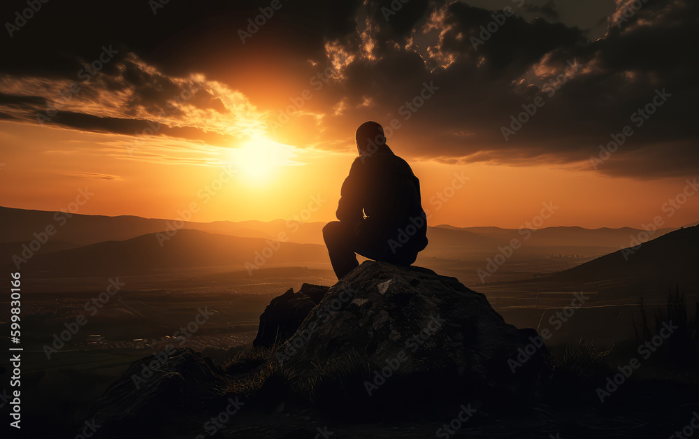 One silhouette Man sitting on a rock with his back facing the sunset over the mountains. Moment of loneliness. Generative ai