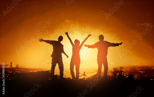 A group of successful young people hold hands at sunset  together they raise their upper hand. Successful team and team building concept. Generative ai