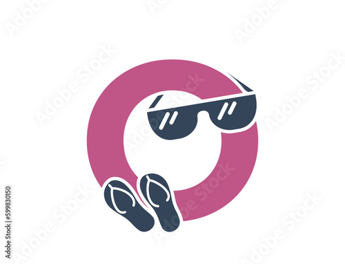 letter o with sunglasses and flip flops. creative vacation alphabet logo. summer tourism design. isolated vector image