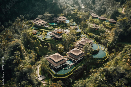 Top drone view of green rainforest landscape in Bali, Indonesia, travel and tourism concept © Artofinnovation